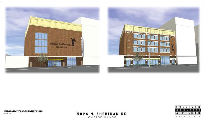 A 3D rendering of the new Safeguard Self Storage facility on N Sheridan Road near Uptown in Chicago.