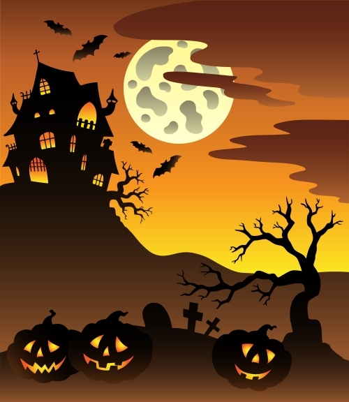 An illustration of a haunted house on a hill under a full moon, with bats flying around and jack-o-lanterns and a graveyard.