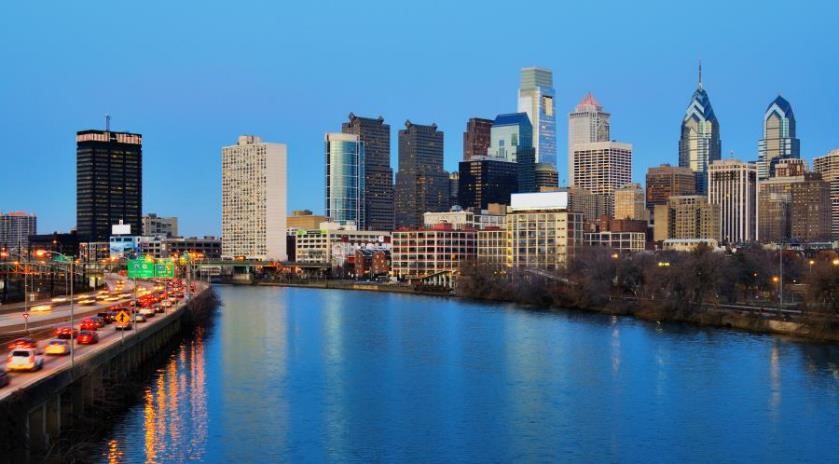 Philadelphia skyline with Schuylkill River in foreground