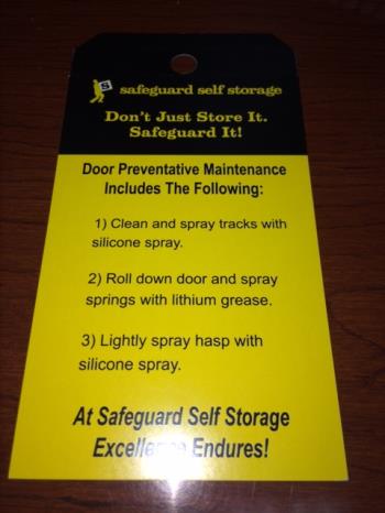 The back of the Safeguard Self Storage Ready to Rent tag, which ensures the quality of a storage unit.