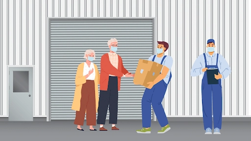 A cartoon of movers helping an older couple at a storage unit.