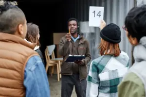 A man leads a self-storage auction for some auction hunters.